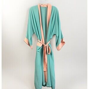 Rare Vtg Mimi Trujillo Turquoise Blue Pink Robe Petite SM Peignoir Old Hollywood